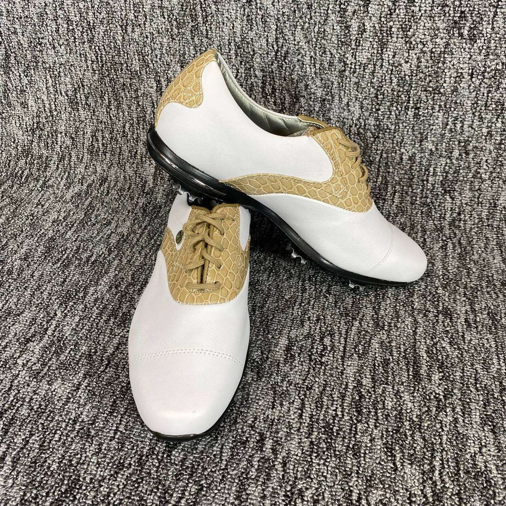 FootJoy Golf Shoes Womens 7‎ M White Tan Croc Saddle Tailored Collection Sporty